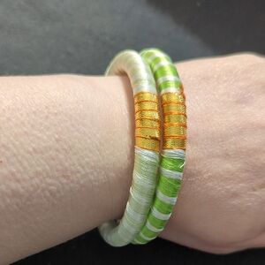 Gold Tone Green and White Silk Thread Wrapped Bangle Statement Bracelet Set Of 2